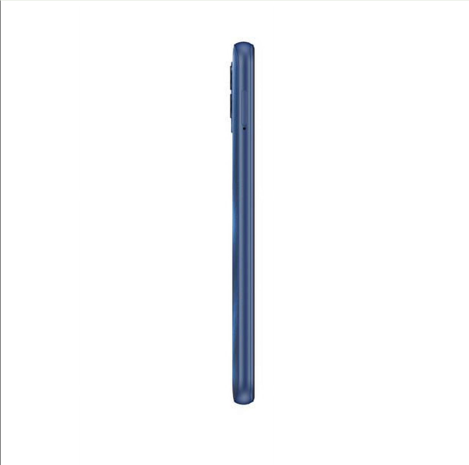 A slim, side-profile view of a blue smartphone on a solid white background.