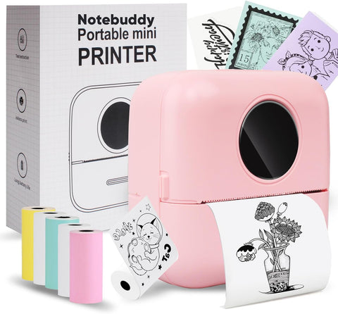 Notebuddy Mini Portable Printer, Bluetooth Smart Pocket Inkless Thermal Printer with 5 Roll Papers for Journal/DIY Scrapbook/Travel/Notes/Lists/Label/Memo, Receipt Printer for iOS&Android