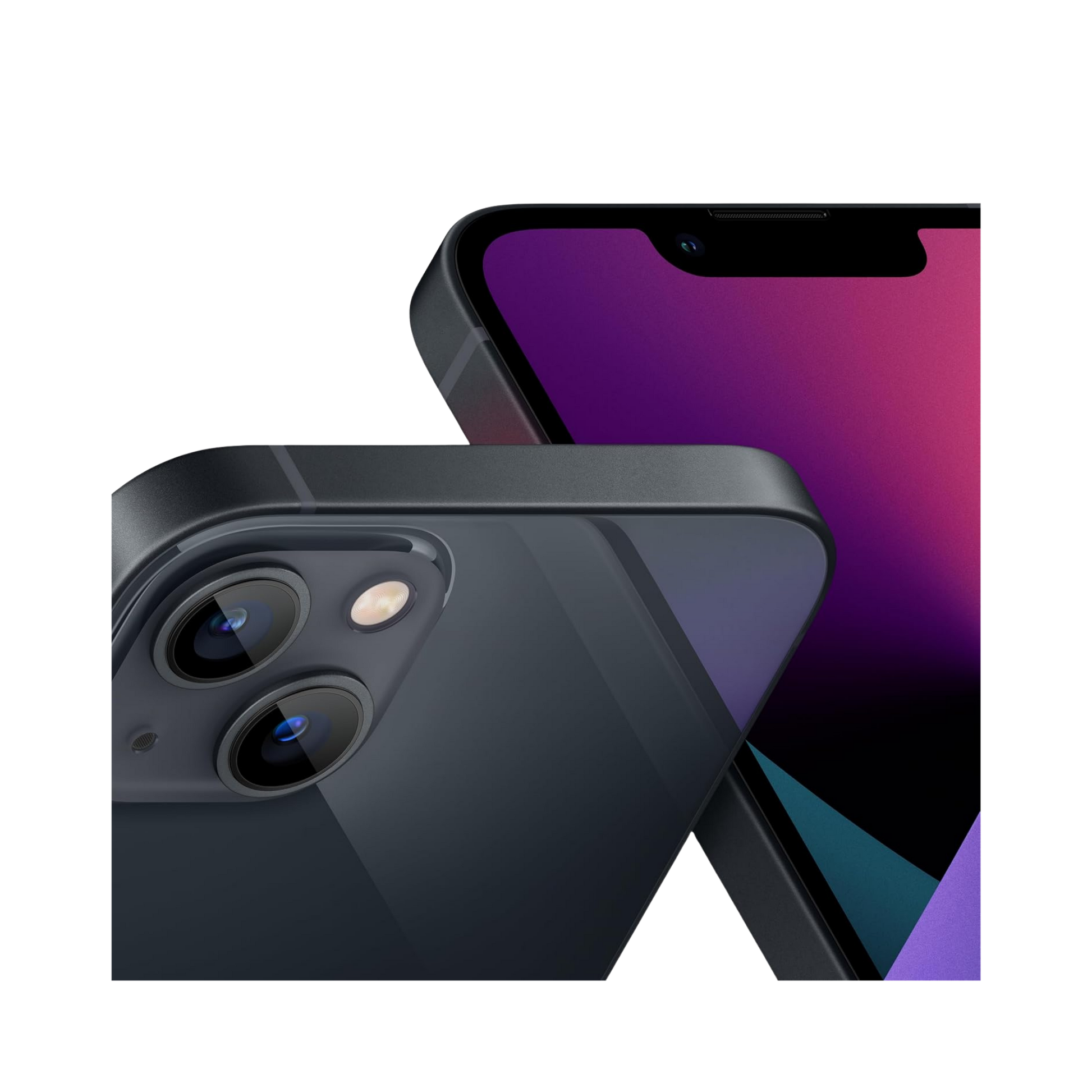 Two smartphones shown on a black background, one displaying the back with a dual camera system and the other showing the front with a purple and pink gradient screen.