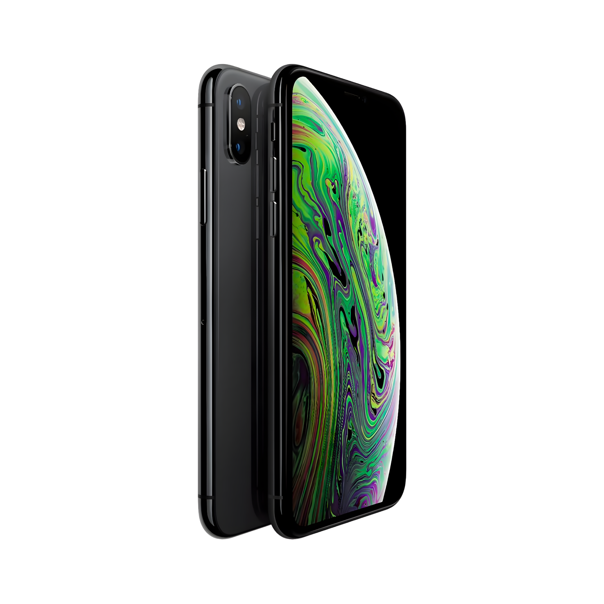 Apple iPhone XS 64GB Black angled front and back view showing edge-to-edge OLED display and glass back