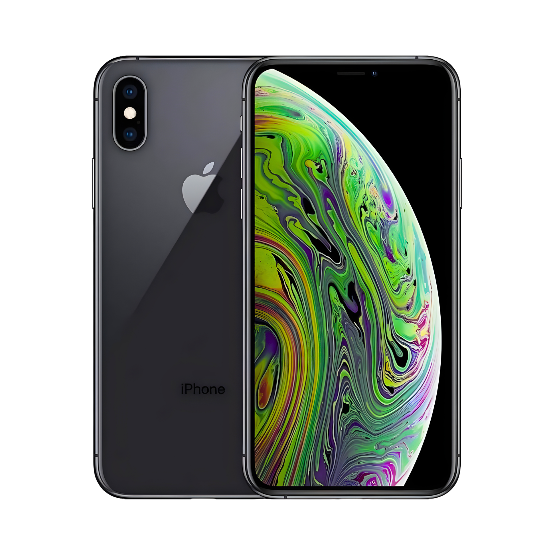 Apple iPhone XS 64GB Black showing back panel with dual camera and front display side by side