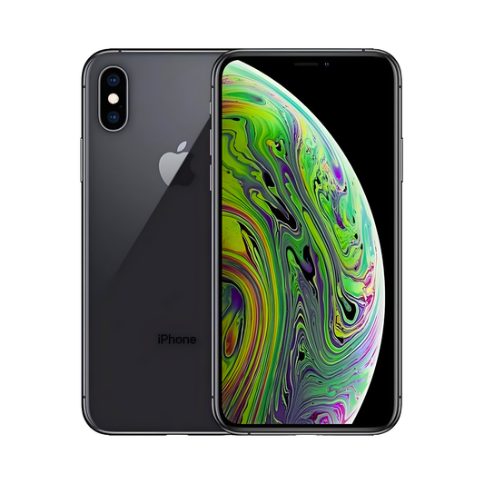 Apple iPhone XS 64GB Black showing back panel with dual camera and front display side by side