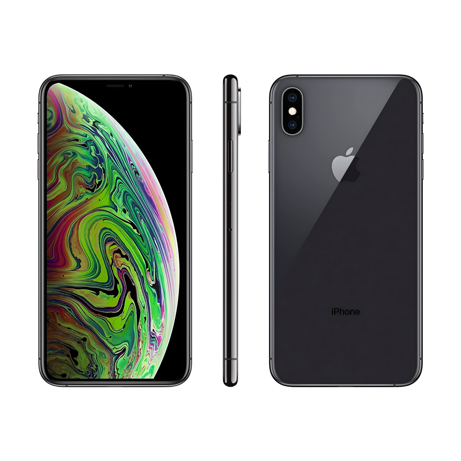 Black smartphone with colorful display, side view, and back view on a white background