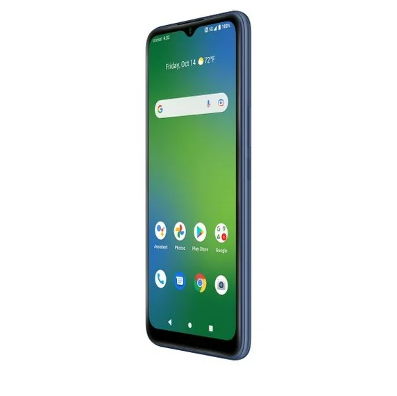 A blue smartphone shown at a three-quarter angle against a plain white background, displaying its home screen with various app icons.