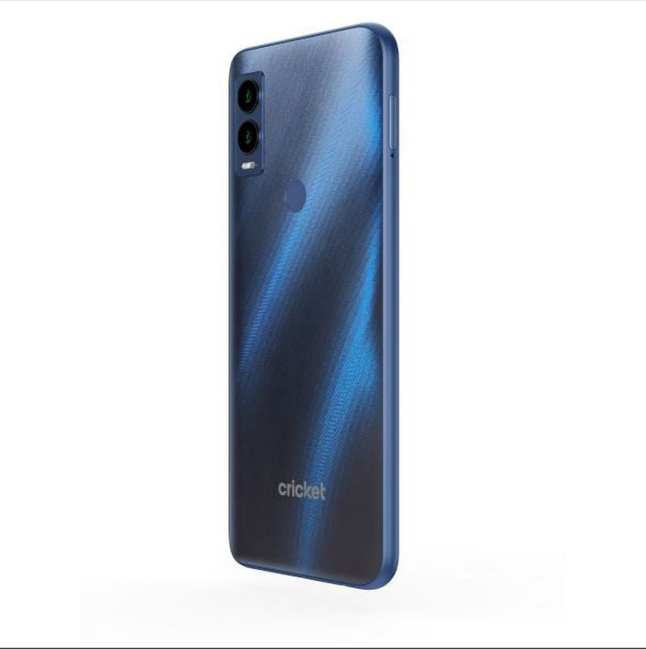 A blue Cricket smartphone shown from the back on a clean white background, featuring a dual-camera setup and the Cricket brand name near the bottom.