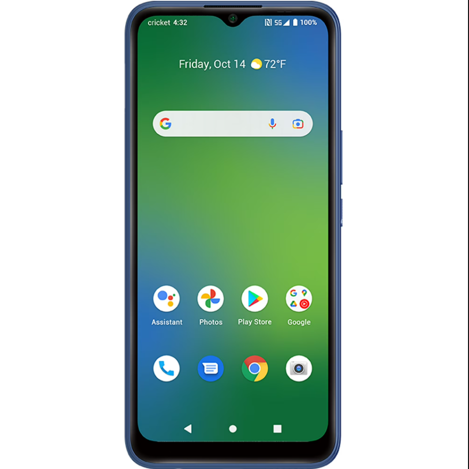A blue smartphone shown from the front on a plain white background, with the screen turned on and displaying a green-to-blue gradient home screen, app icons, and status bar details.