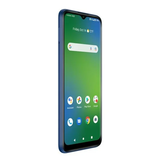 A blue Google Pixel smartphone shown from a three-quarter angle against a plain white background, with its screen turned on displaying the Android home screen.