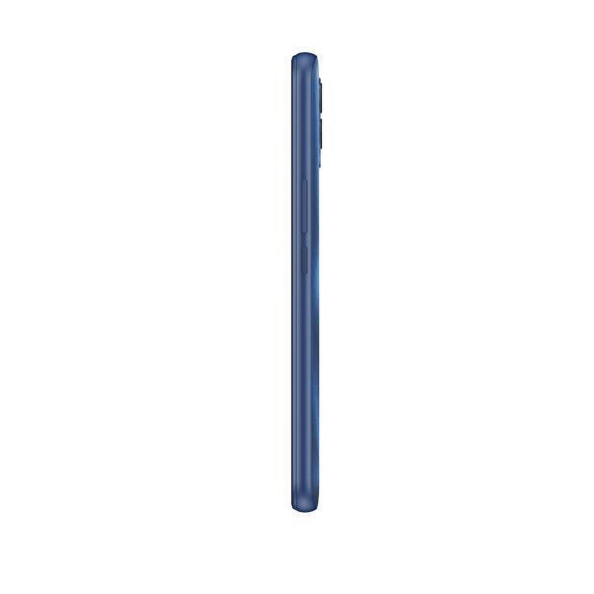A slim side profile of a blue smartphone on a plain white background.