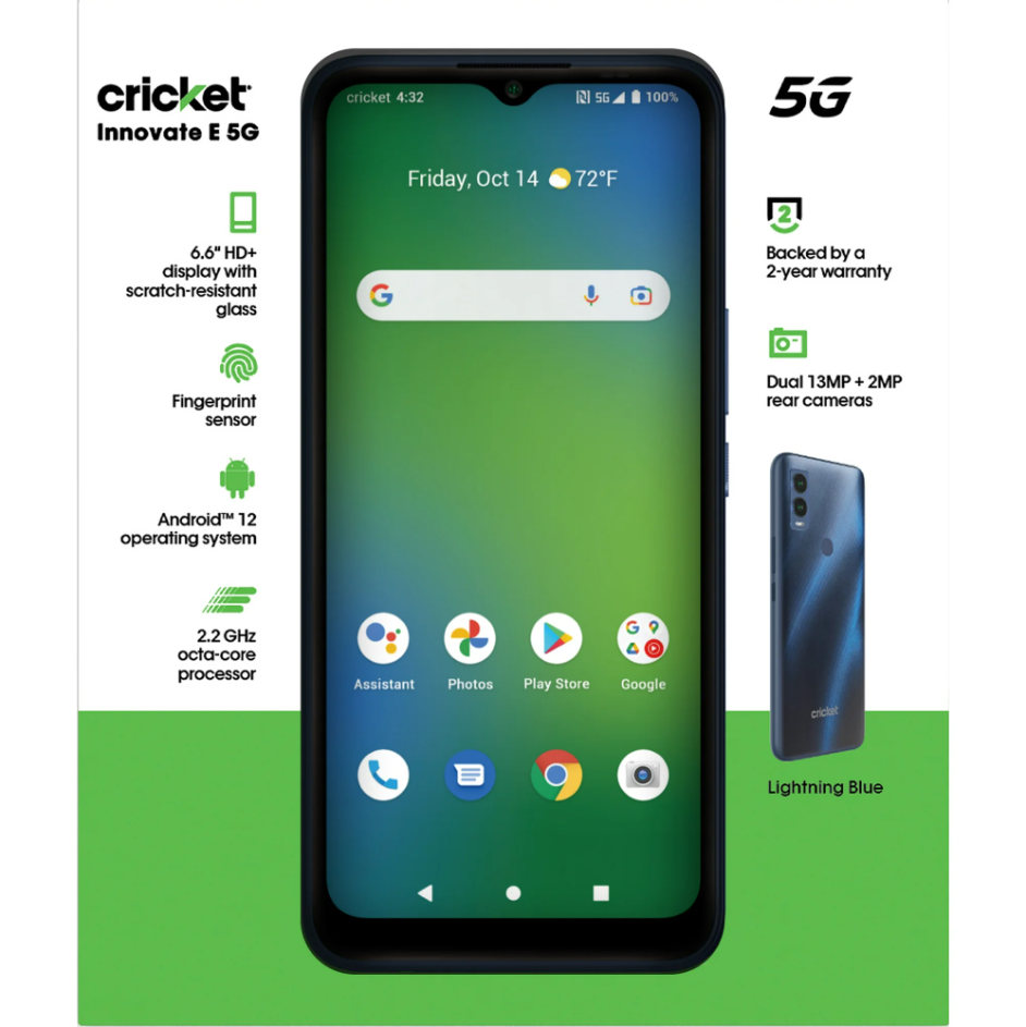 Cricket Innovate E 5G smartphone in Lightning Blue shown on a white and green promotional graphic with feature callouts and a small rear-view product photo.