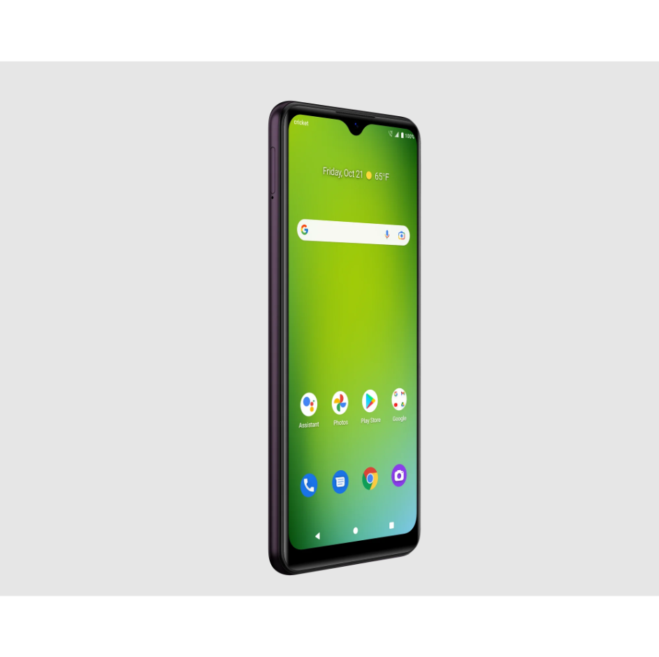 A modern smartphone with a black bezel and a vibrant green-to-yellow gradient display, shown from a three-quarters angle against a light gray background.