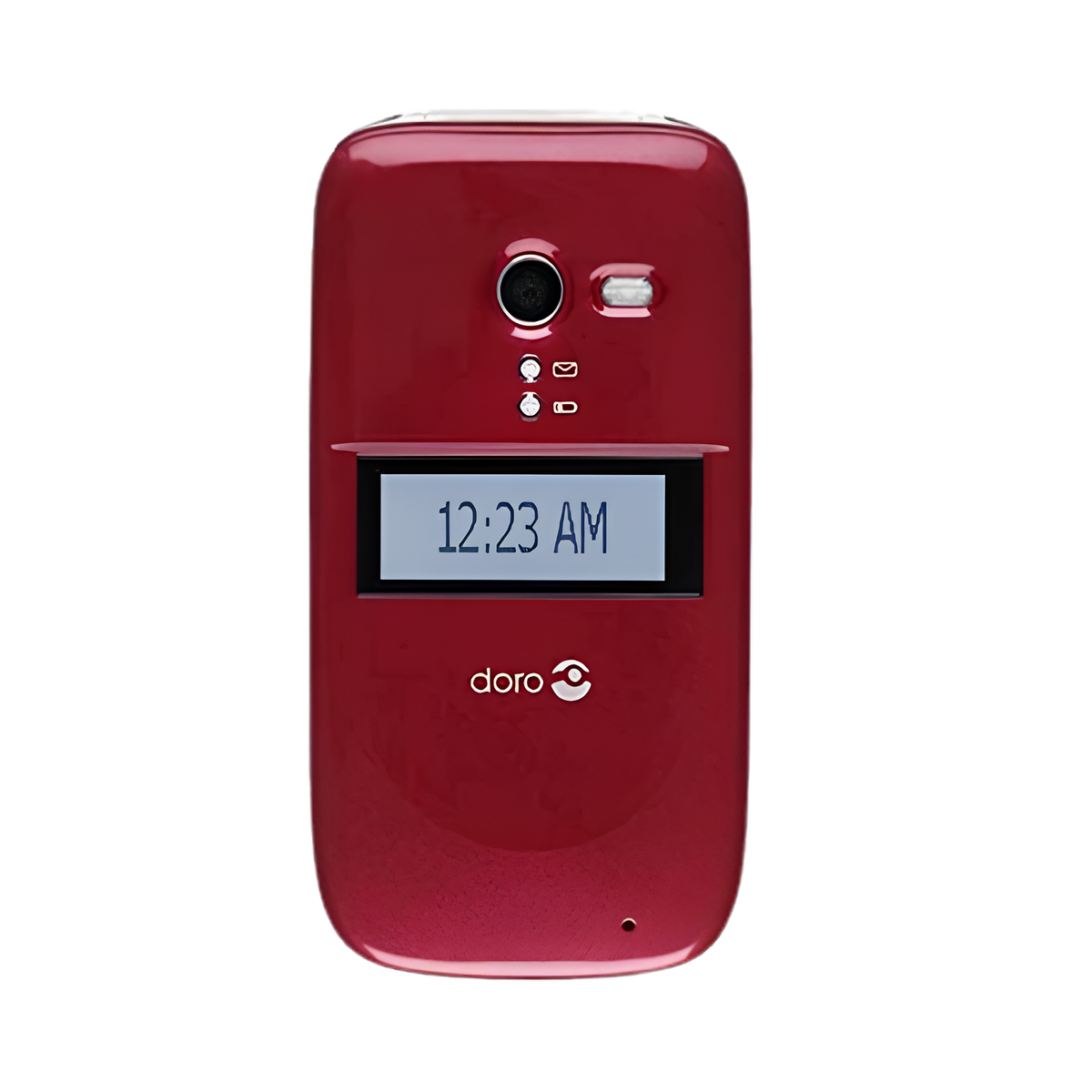 A red Doro mobile phone with a small digital display screen showing the time 12:23 AM, photographed against a solid white background.