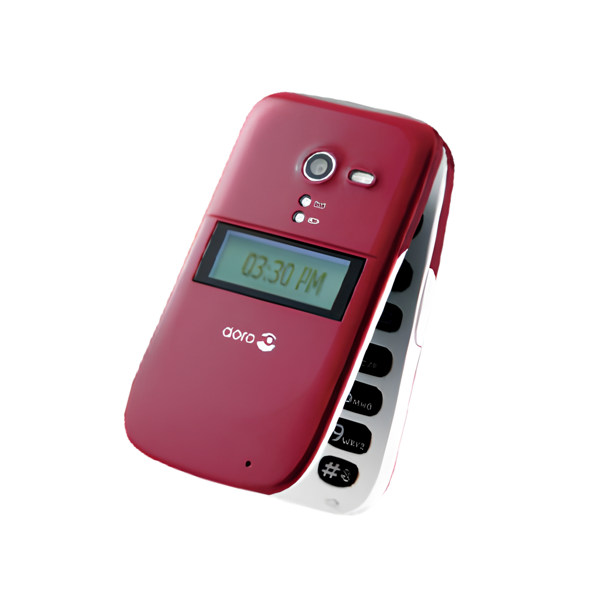 A red flip-style mobile phone with a small external display and black keypad buttons, shown open on a plain white background.