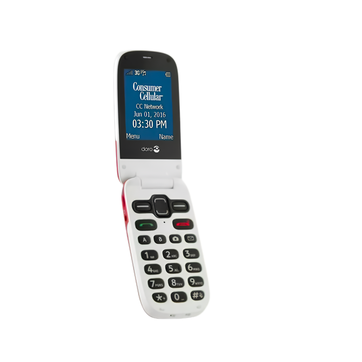 A white and black flip-style mobile phone with a small screen and numeric keypad, shown open on a plain white background.