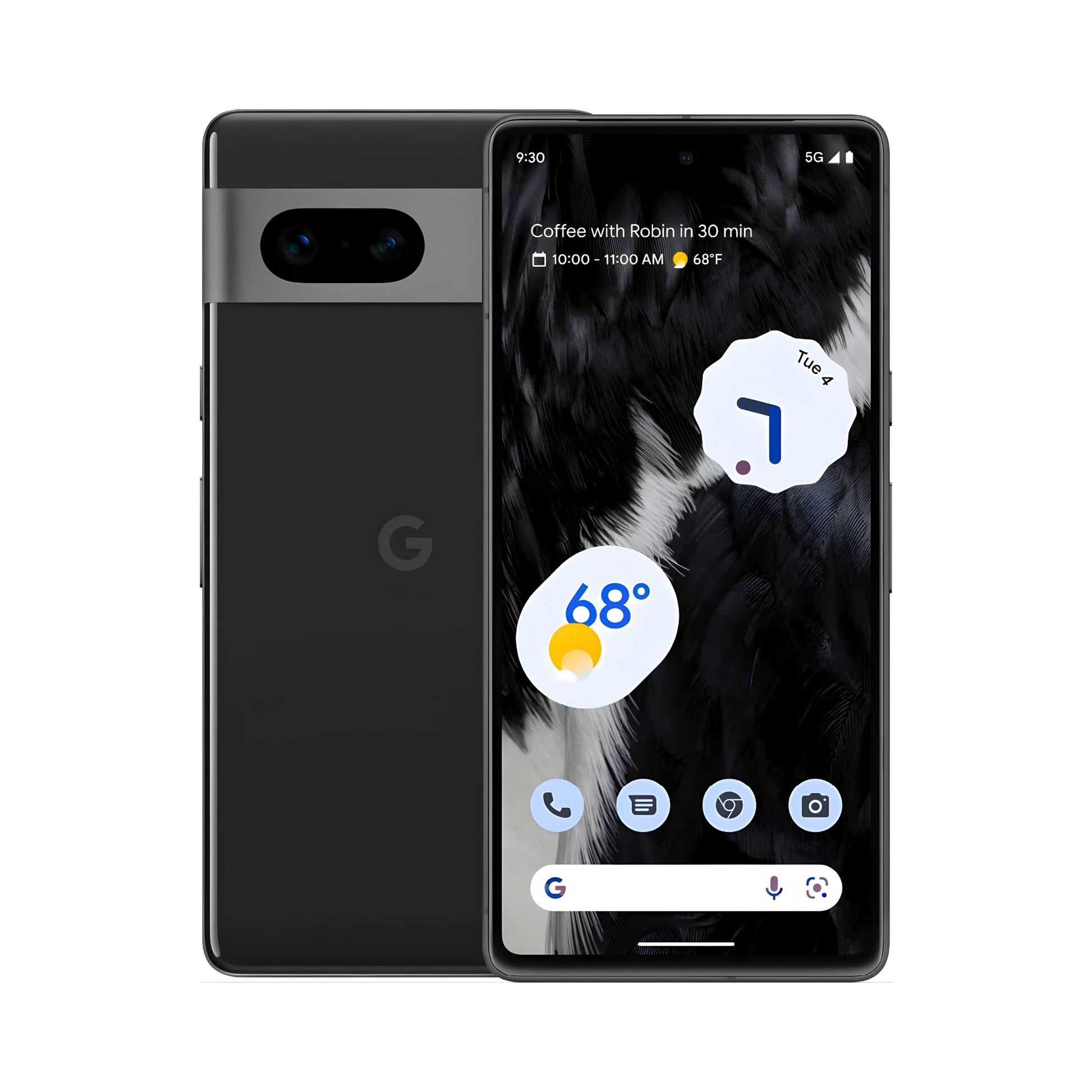 Google Pixel 7 128GB Obsidian front and back view showing OLED display and dual camera bar