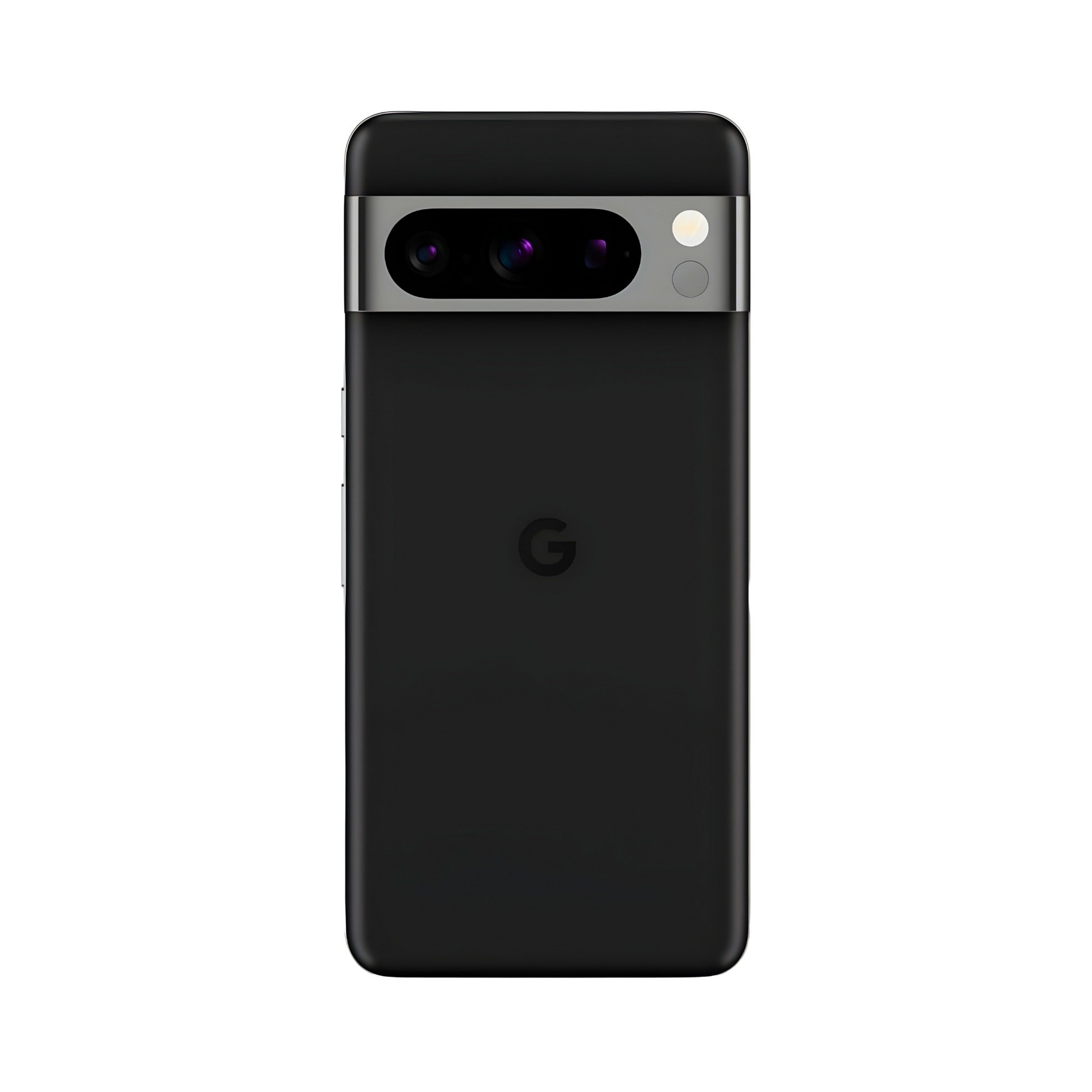 Google Pixel 8 Pro obsidian black rear panel showing triple camera bar with LED flash and G logo