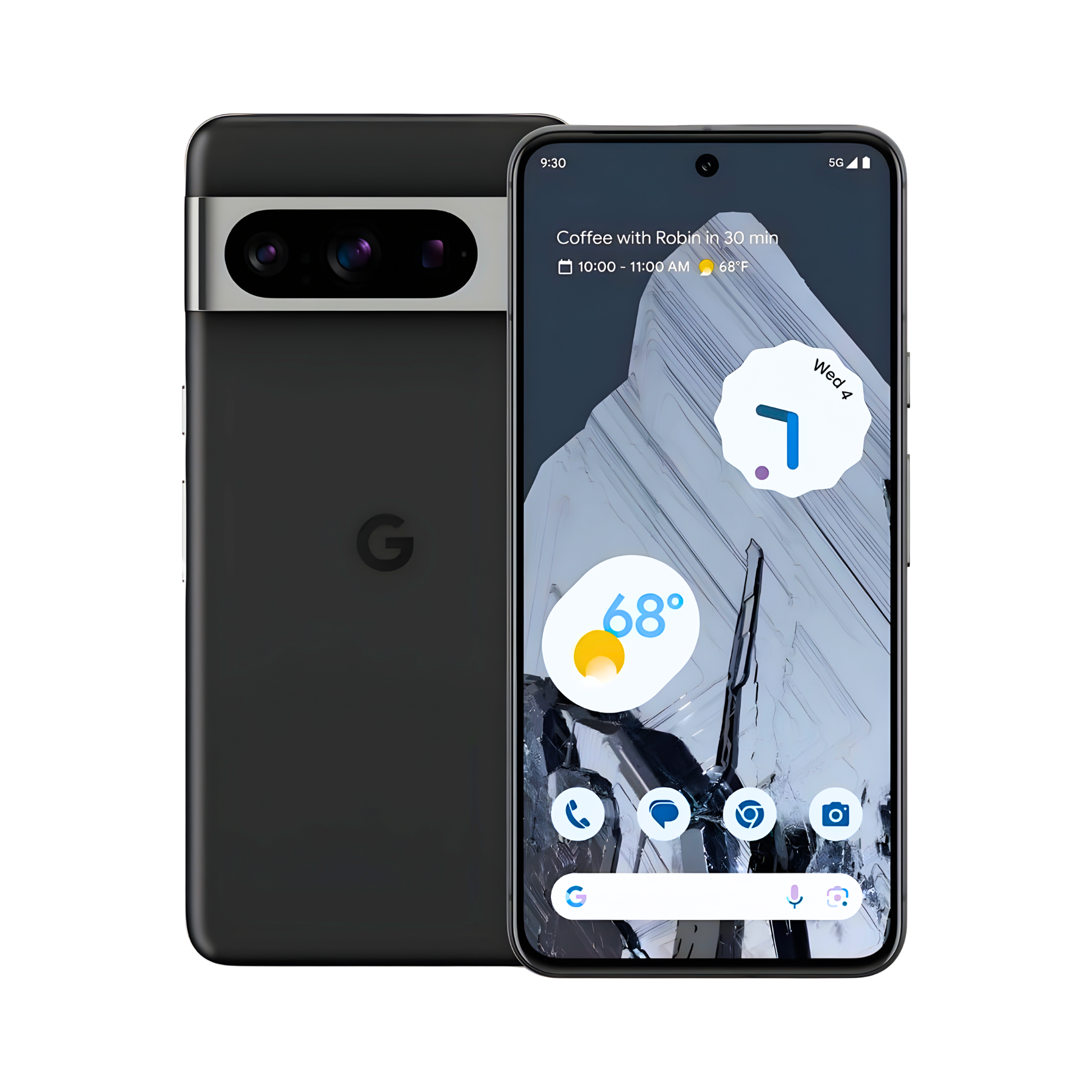 Google Pixel 8 Pro 128GB unlocked obsidian black front and back view with triple camera bar and OLED display