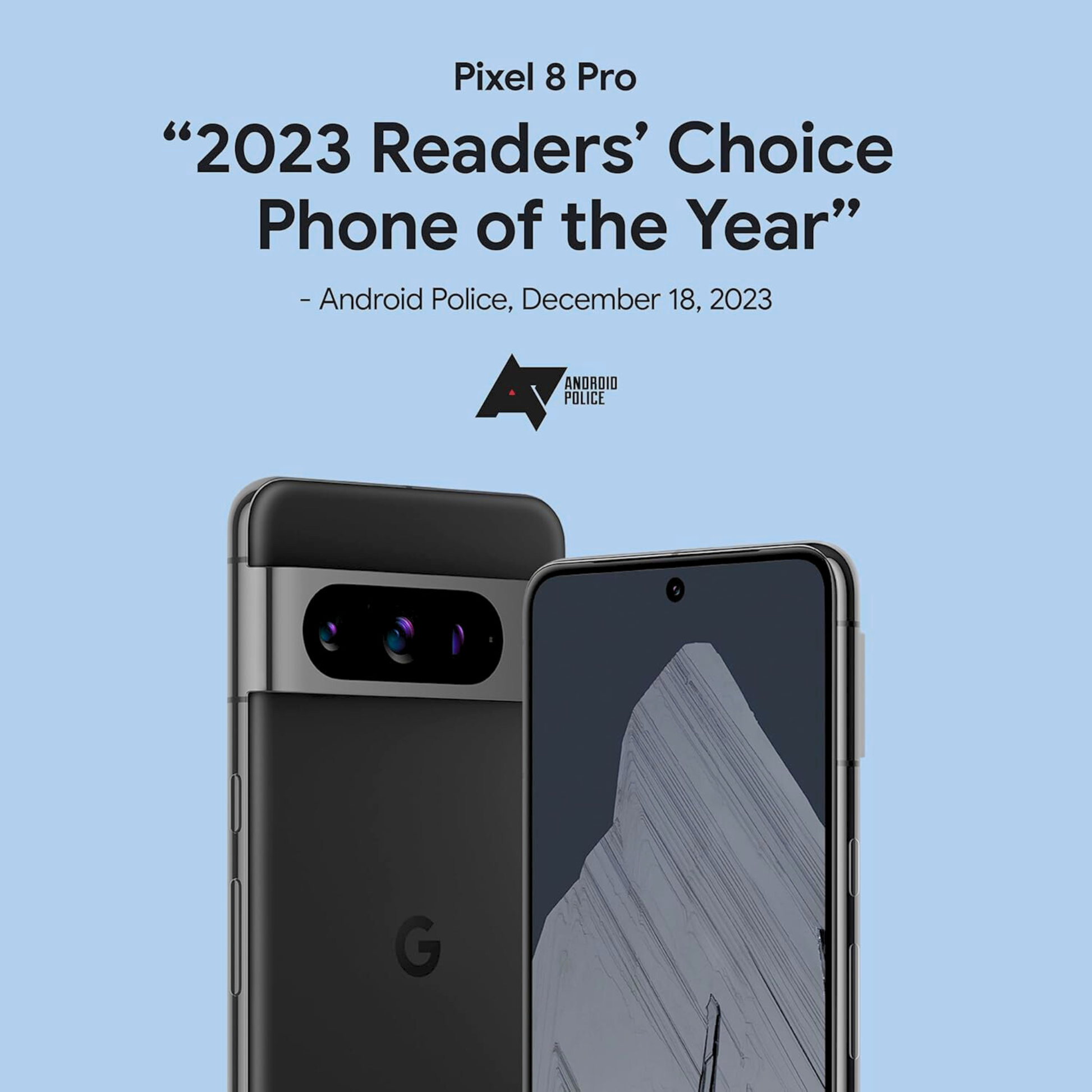 Pixel 8 Pro smartphone with '2023 Readers' Choice Phone of the Year' text on a light blue background