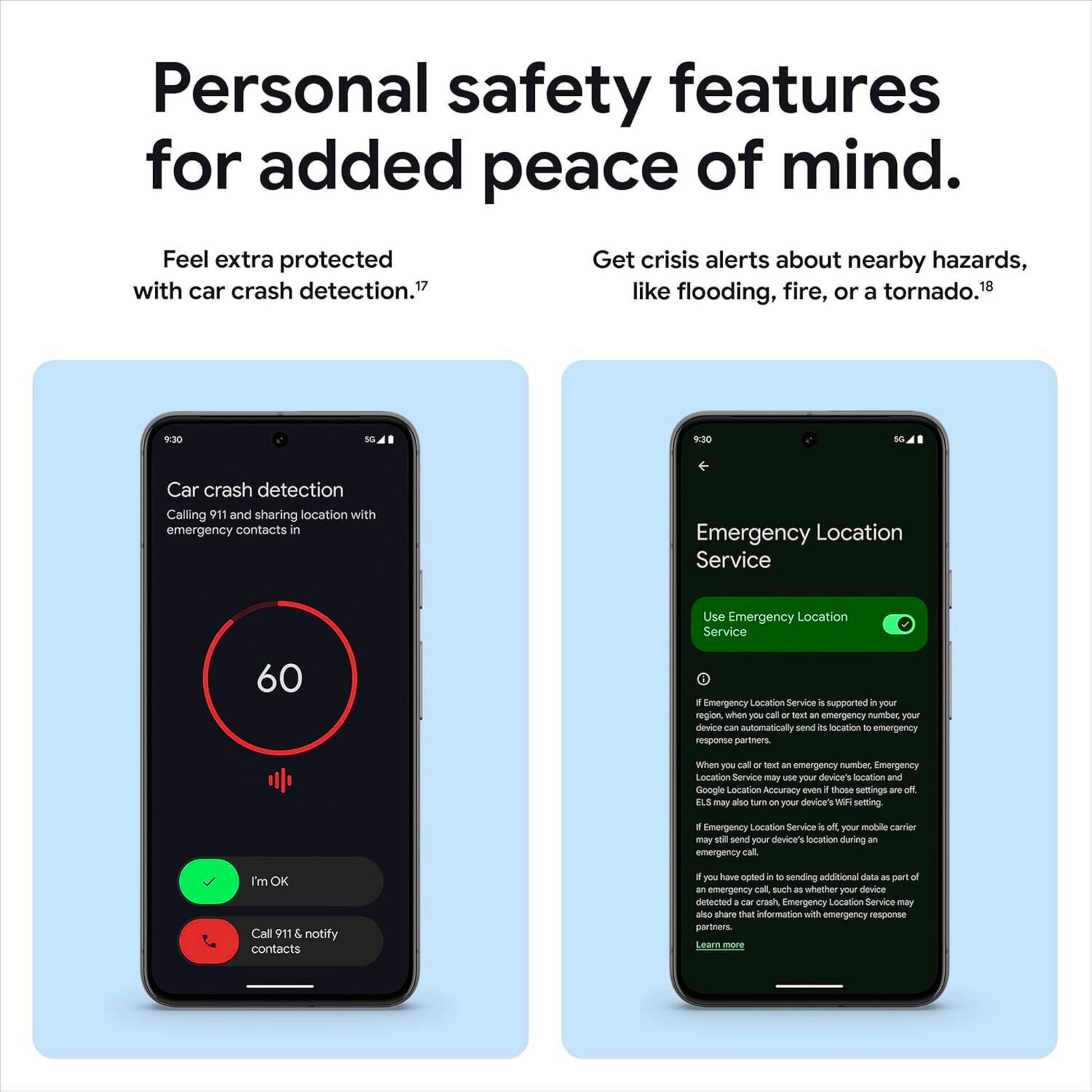 Two smartphone screens displaying personal safety features with text on a light blue background.