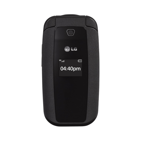 An LG flip phone in black, shown closed from the front against a plain white background.