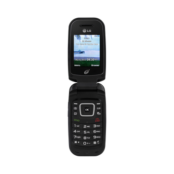 An LG flip-style mobile phone shown open against a plain white background, with the screen lit and the keypad visible.
