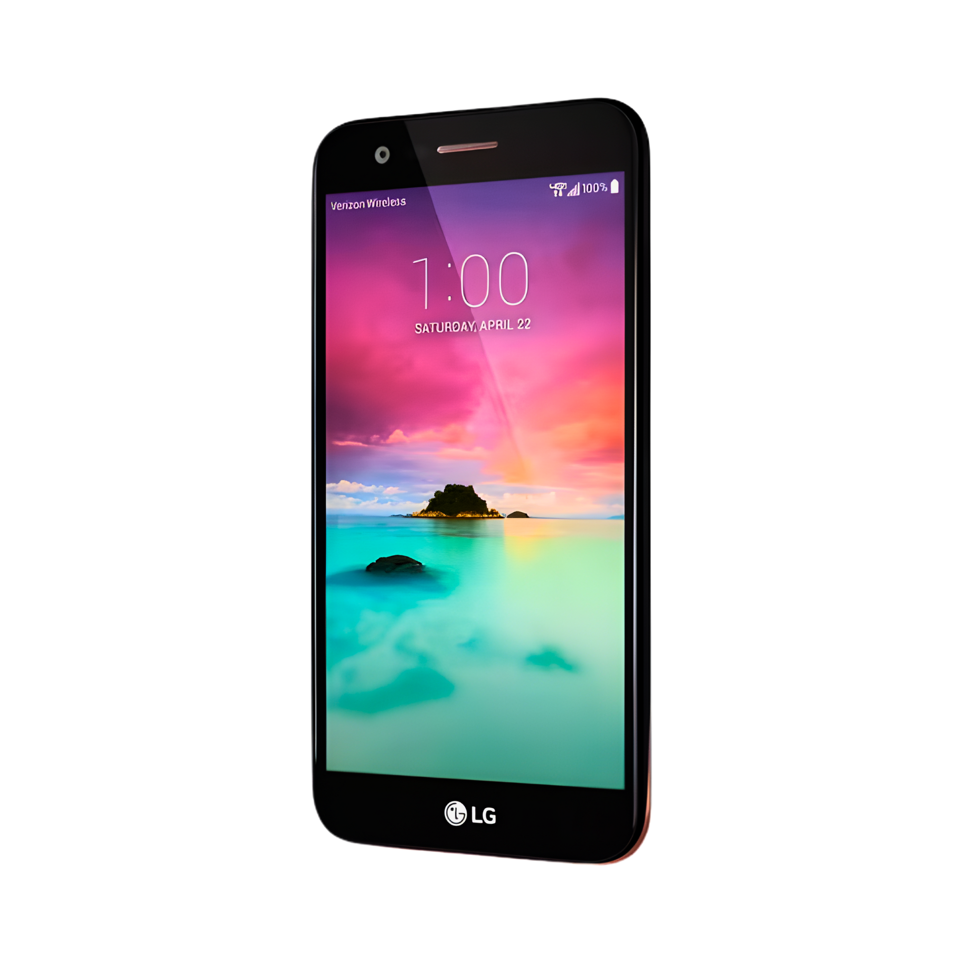 LG K20 V Verizon smartphone front left angle showing HD IPS display and slim design