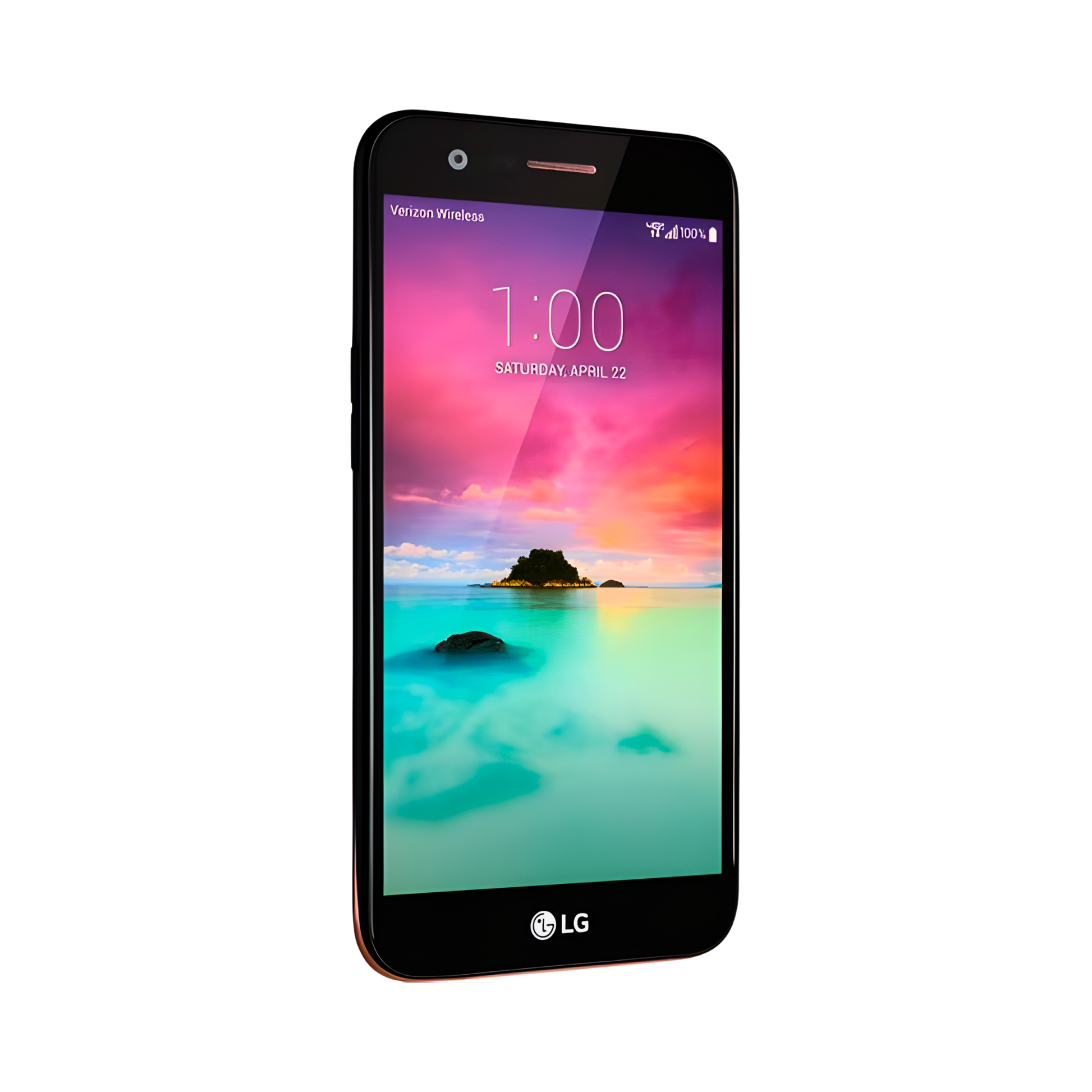 LG K20 V Verizon front right angle view displaying Panda Glass screen protection