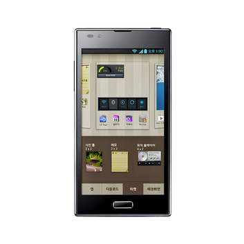 A black smartphone shown from the front on a plain white background, with its screen turned on and displaying a user interface in Korean.