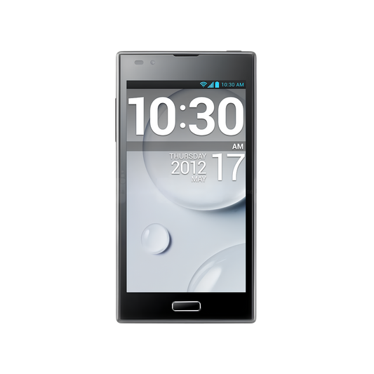 A black smartphone with a silver-gray metallic frame, shown from the front on a plain white background. The screen displays a digital clock reading 10:30 AM and the date Thursday, 17 May 2012.