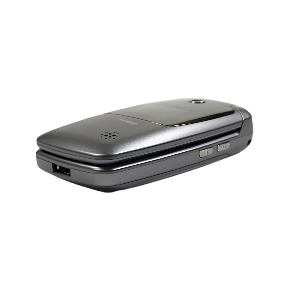 A black flip phone with a glossy finish, featuring a speaker grille, volume buttons on the side, and a small screen on the back cover, shown against a plain white background.