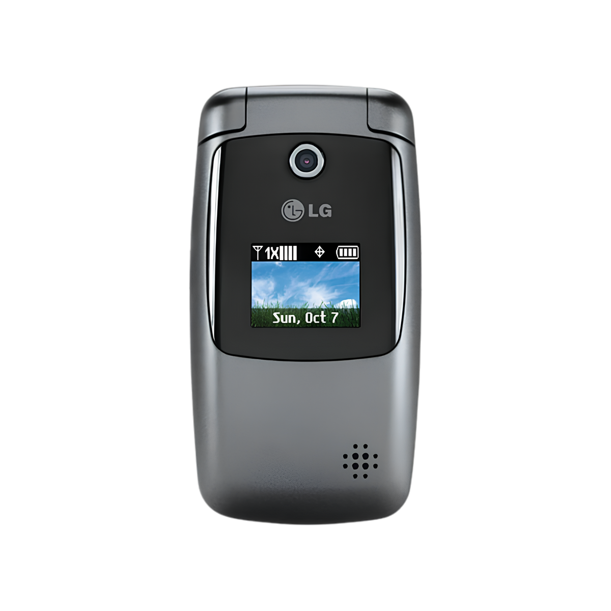 An LG flip phone with a dark gray metallic body and a black front panel, shown against a plain white background.
