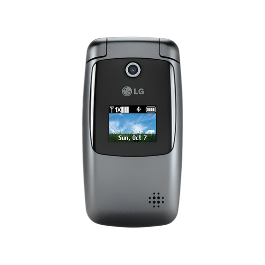 An LG flip phone with a dark gray metallic body and a black front panel, shown against a plain white background.