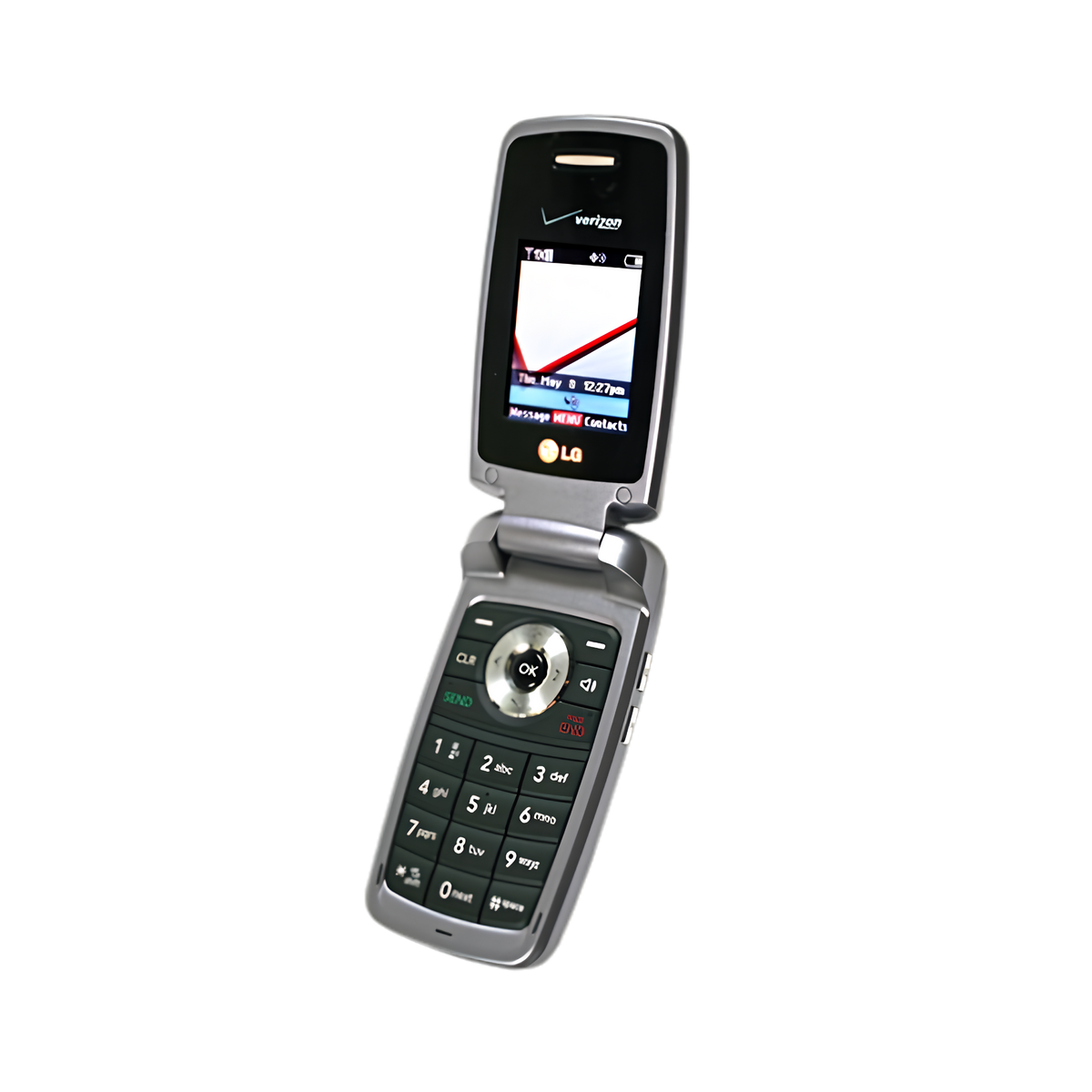 An open silver flip-style mobile phone with a black keypad and a small screen displaying a map, isolated on a white background.