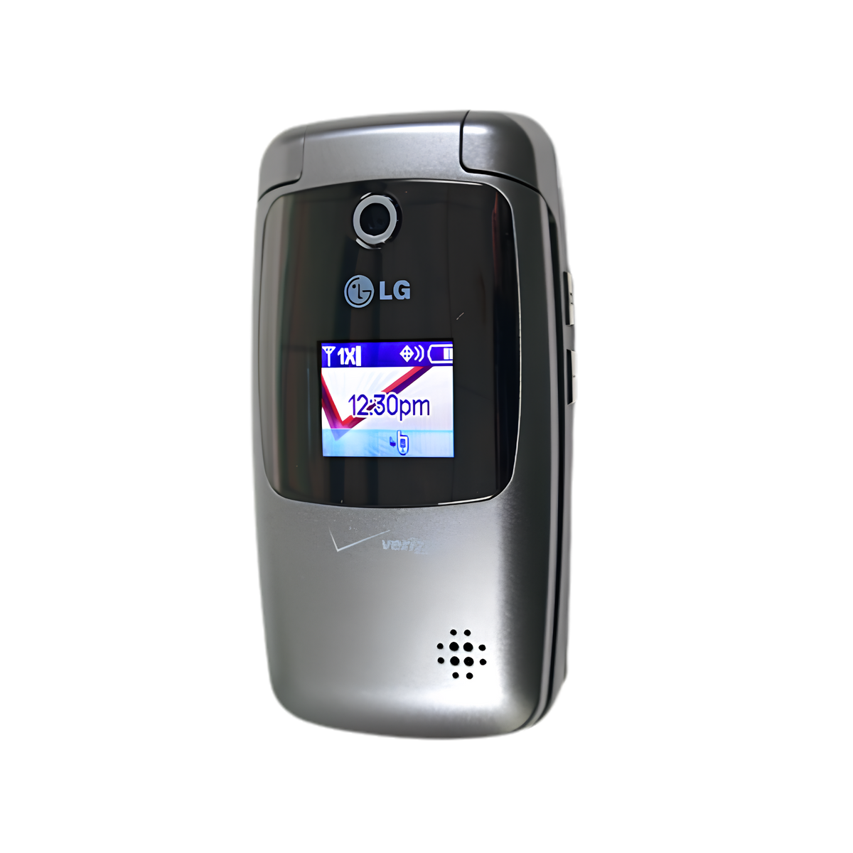 An LG flip phone with a silver metallic body and a black front panel, featuring a small color screen displaying the time and status icons. The phone has a Verizon logo printed on the front.