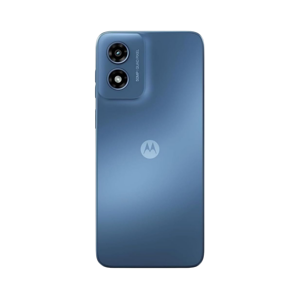 A blue Motorola smartphone shown from the back on a plain white background, with a vertical dual-camera cutout and the Motorola logo centered below it.