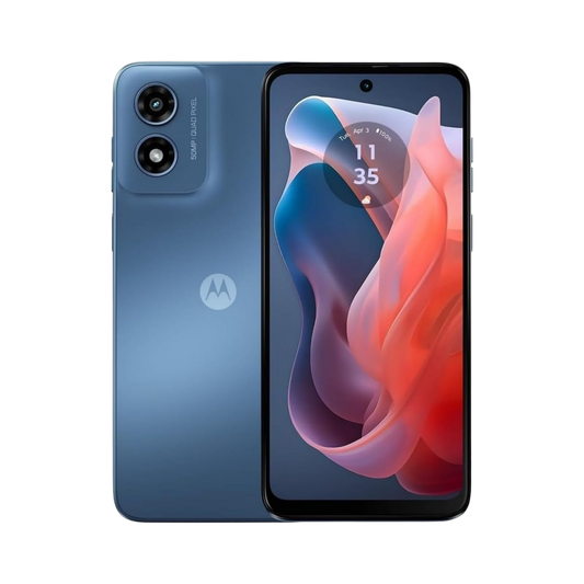 A blue Motorola smartphone shown from the front and back on a plain white background. The back features a vertical dual-camera module and a circular Motorola logo, while the front displays a colorful abstract wallpaper on its screen.