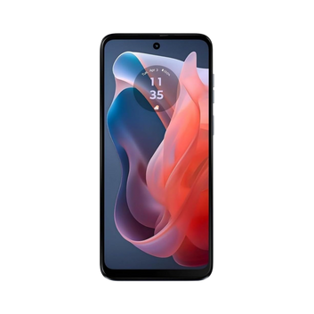 A black smartphone shown from the front on a plain white background, with a colorful abstract wallpaper on the screen and a small circular digital clock overlay.