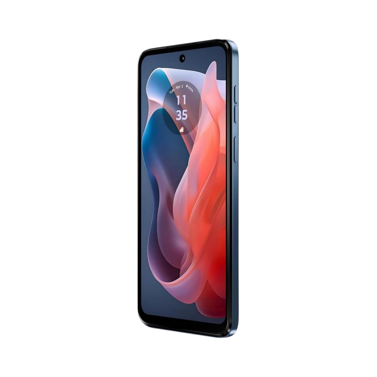 A dark blue smartphone shown at a three-quarter angle against a plain white background, displaying a colorful abstract wallpaper on its screen.