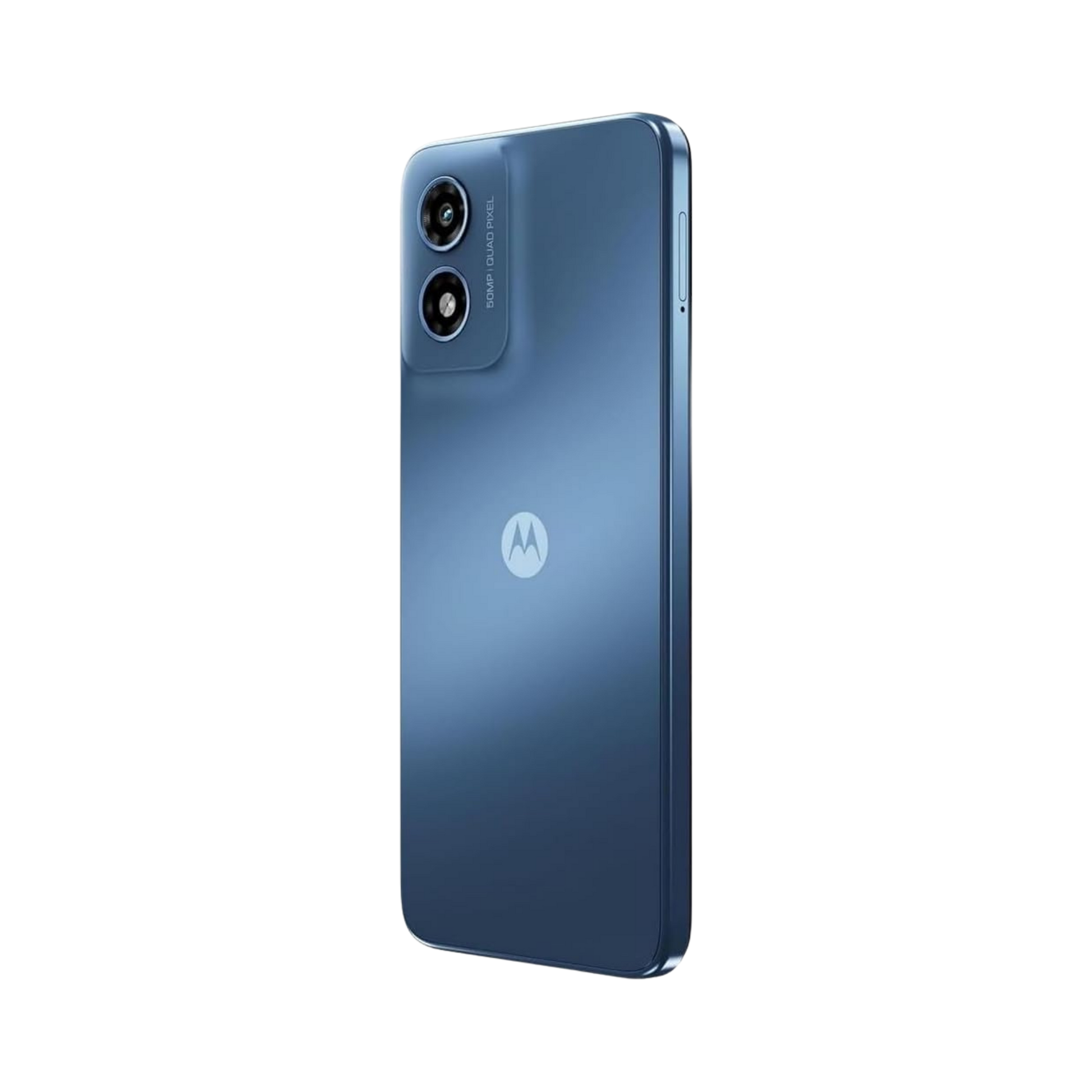 A blue Motorola smartphone shown from the back, featuring a dual-camera system and the circular Motorola logo on a clean white background.