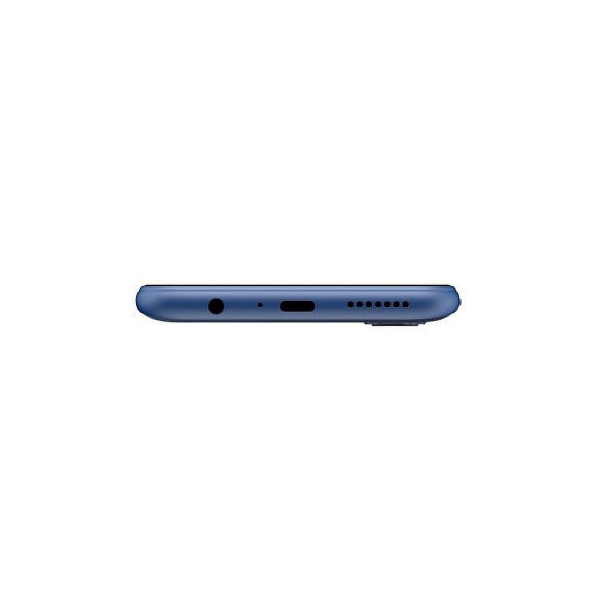 The bottom edge of a blue smartphone, showing the headphone jack, speaker cutout, and charging port, isolated on a white background.