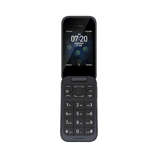 Nokia 2780 Flip 4G Black front view open showing 2.7 inch main screen and big button keypad