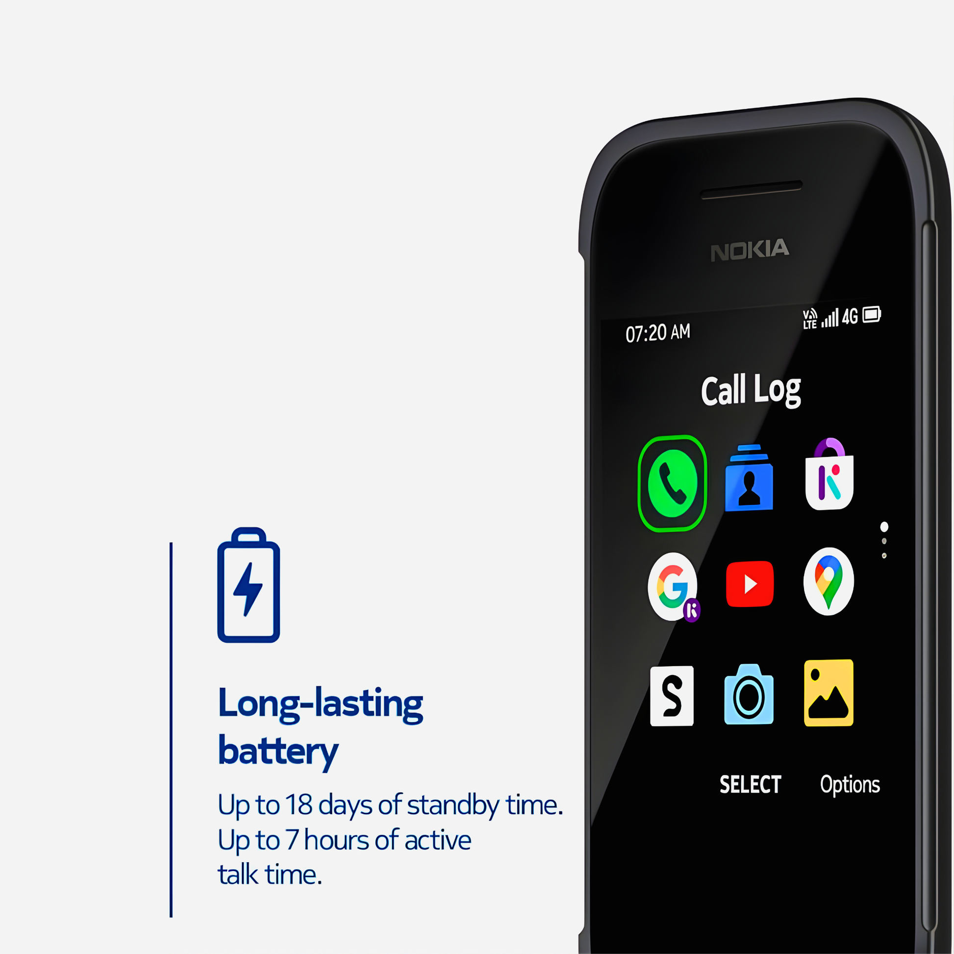 Nokia 2780 Flip screen showing KaiOS apps with up to 18 days standby and 7 hours talk time