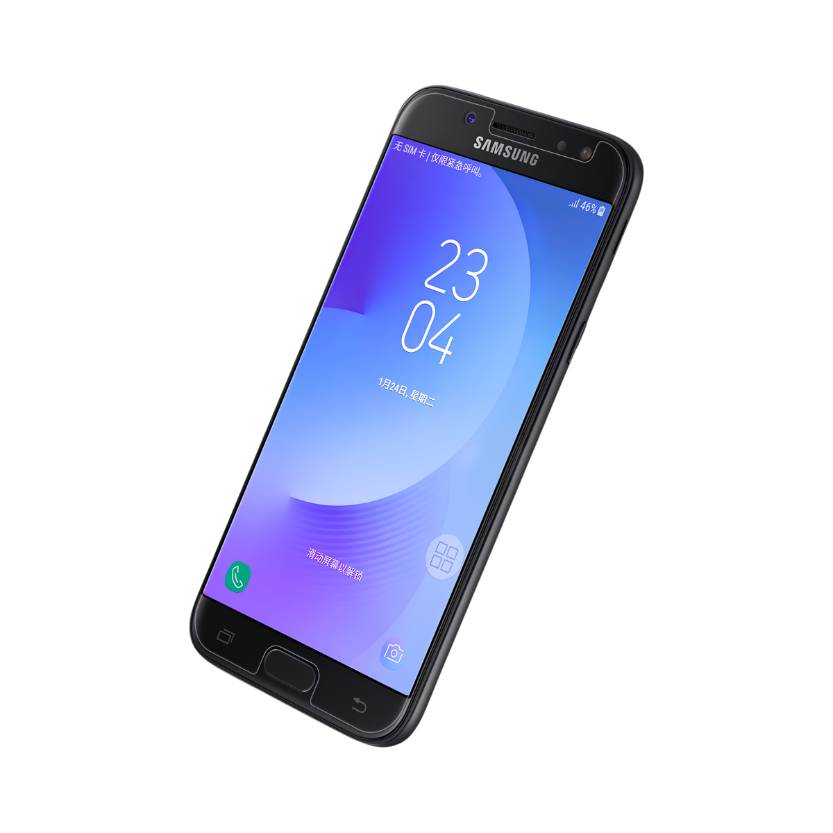 A Samsung smartphone shown at an angle on a plain white background, with its screen on and displaying a blue-to-purple lock screen.