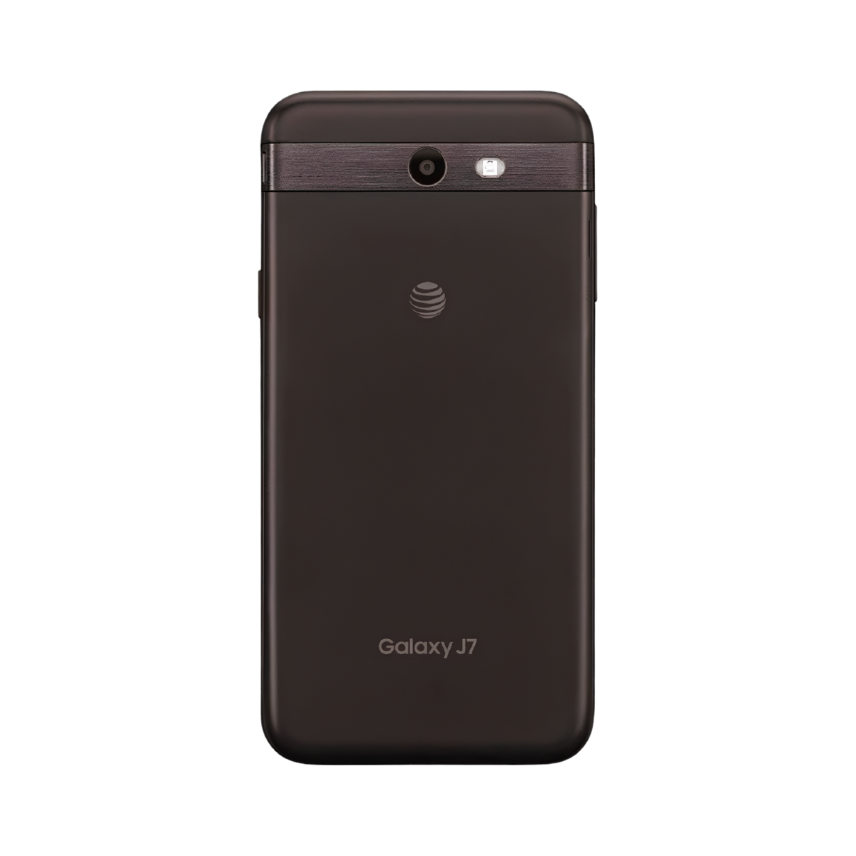 The back of a dark brown AT&T Galaxy J7 smartphone, featuring a metallic finish, a camera lens, flash, and the AT&T logo, shown on a solid white background.
