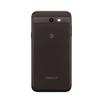 The back of a dark brown AT&T Galaxy J7 smartphone, featuring a metallic finish, a camera lens, flash, and the AT&T logo, shown on a solid white background.