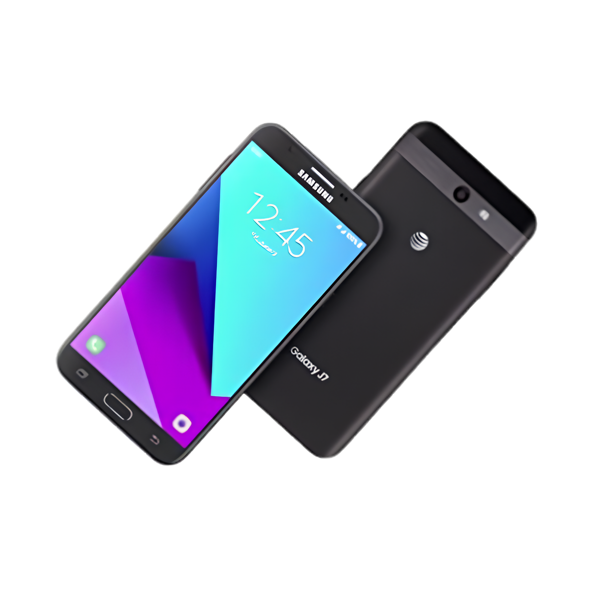 Samsung Galaxy J7 smartphone shown from both front and back angles on a plain white background. The front view displays a colorful screen with a blue-to-purple gradient wallpaper and the Samsung branding at the top.
