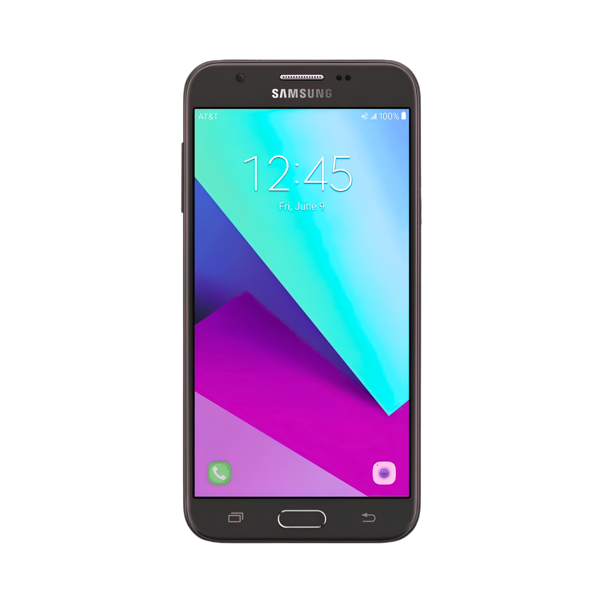 Samsung Galaxy smartphone in black, displaying a colorful screen with the Samsung logo at the top, shown against a plain white background.