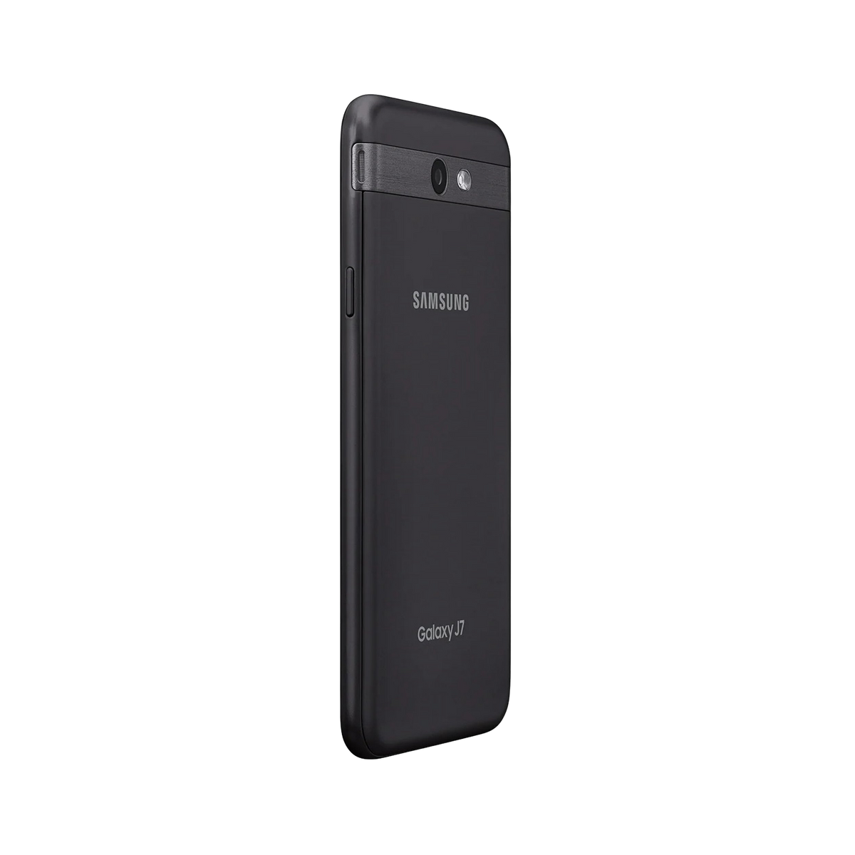 Samsung Galaxy J7 smartphone shown from the back in a dark gray color, featuring the Samsung logo and 'Galaxy J7' text on a plain white background.