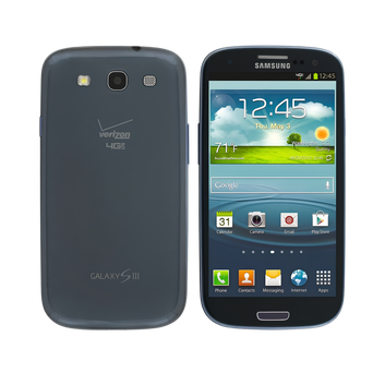 Samsung Galaxy S III smartphone shown from both front and back. The left view shows the dark gray textured back with Verizon 4G branding and the Galaxy S III logo.