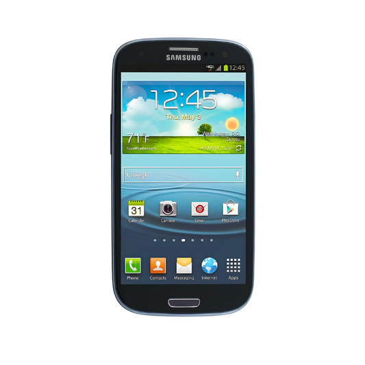 A Samsung smartphone with a black bezel and a blue-gray bumper, displaying its home screen on a white background.