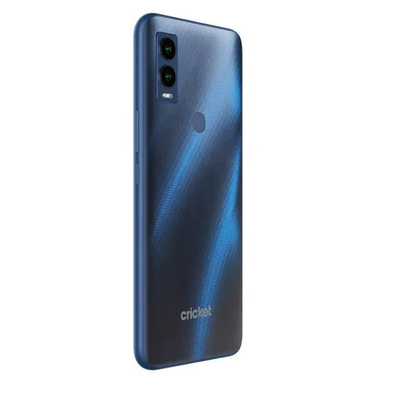 Blue smartphone with 'cricket' branding on a white background